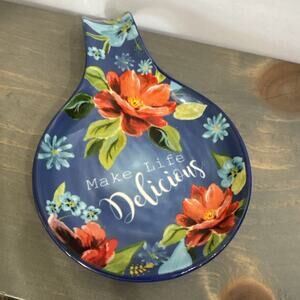 Pioneer Woman Spoon Rest Blue Spring Bouq Floral “Make Life Delicious” Stoneware